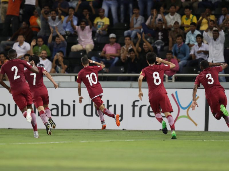 Qatar players celebrate a goal against South Korea in a World Cup qualifying match in Doha, on June 13, 2017. Photo: Reuters/ Ibraheem Al Omari