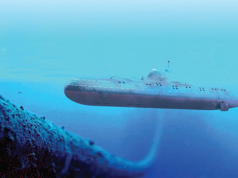 An illustration of a submarine in close quarters with an undersea communications cable. Photo: Policy Exchange